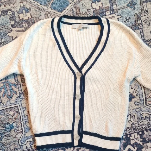 LOFT Varsity Women's Cream Cardigan with Navy Trim - Picture 1 of 4